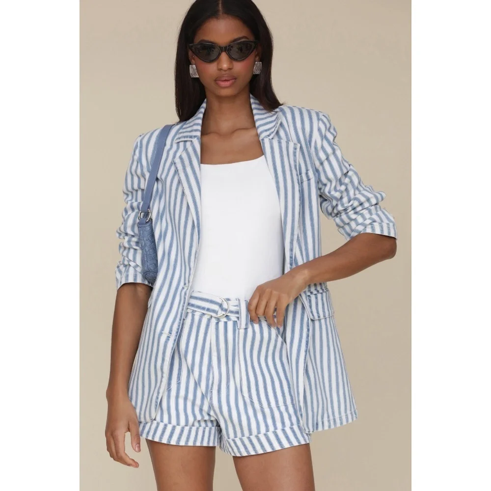 New Avec Les Filles Striped Cotton Blazer Blue White XS $149 - Picture 2 of 8